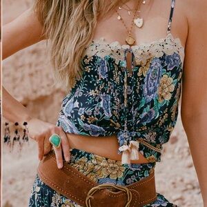 Spell 2 pc SET Full Bloom Periwinkle Black Floral Flare Pants & Cami Size L BNWT